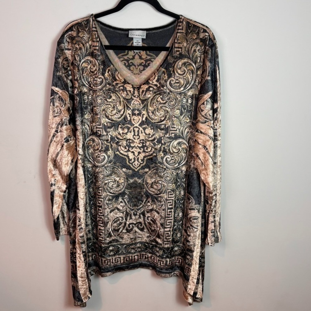 Catherines Womens Brown Velvet Studded Stretch Tunic Asymmetric Hem Blouse sz 3X